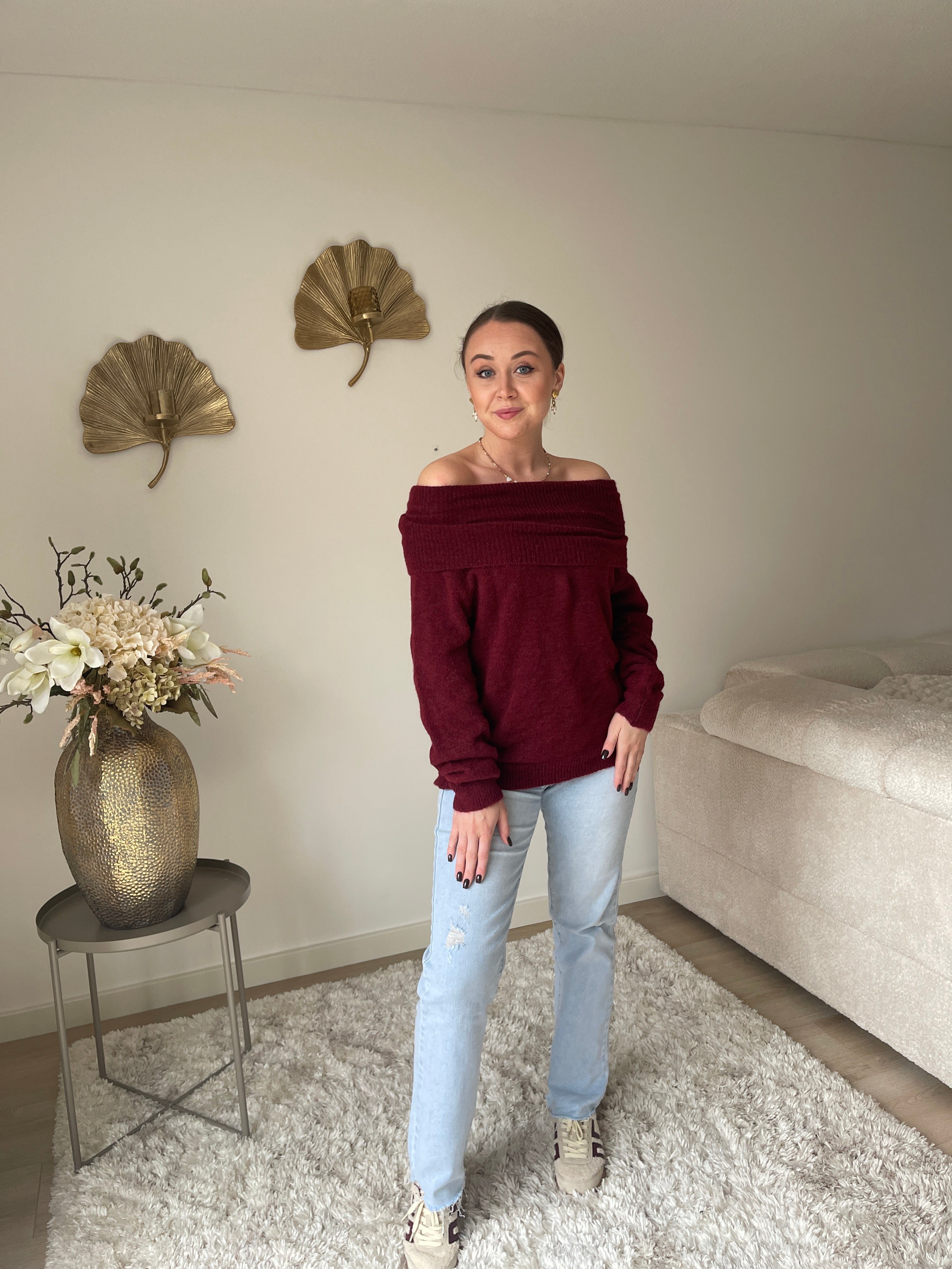 Philou Off Shoulder Knit Burgundy Red Bloss Boutique